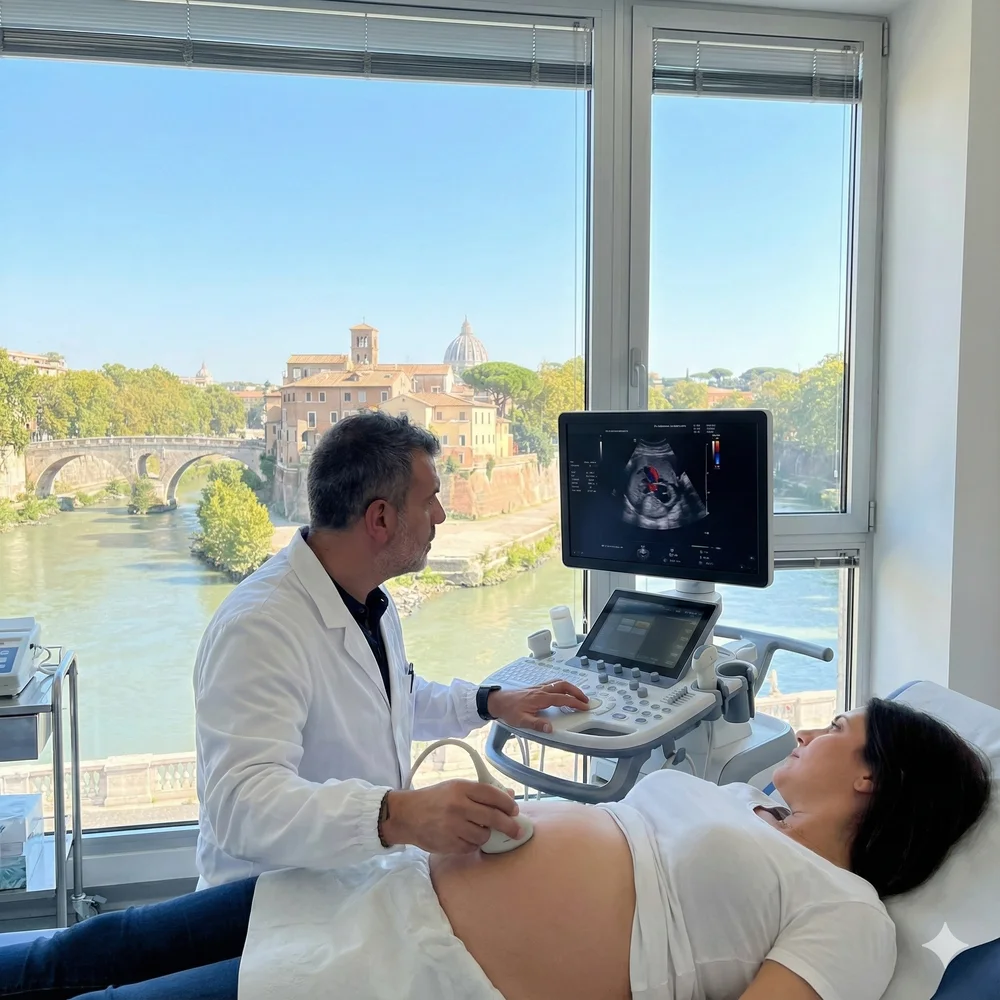 Il Dott. Piacentini esegue un'ecocardiografia fetale, con l'Isola Tiberina sullo sfondo